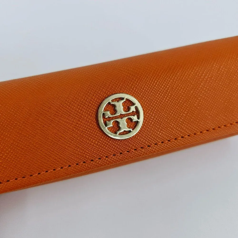 Tory Burch Glasses Case Orange Saffiano Leather Gold Metal Logo Designer Stylish